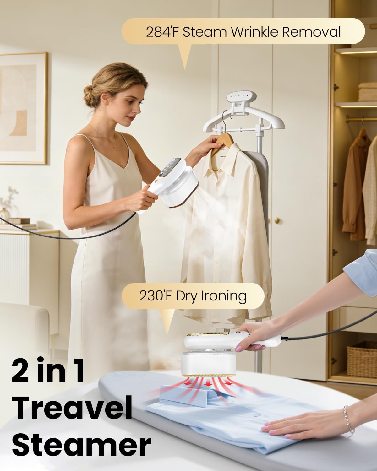 2in1 Travel Garment Steamer Iron 1200W 15s Heat 5 Modes