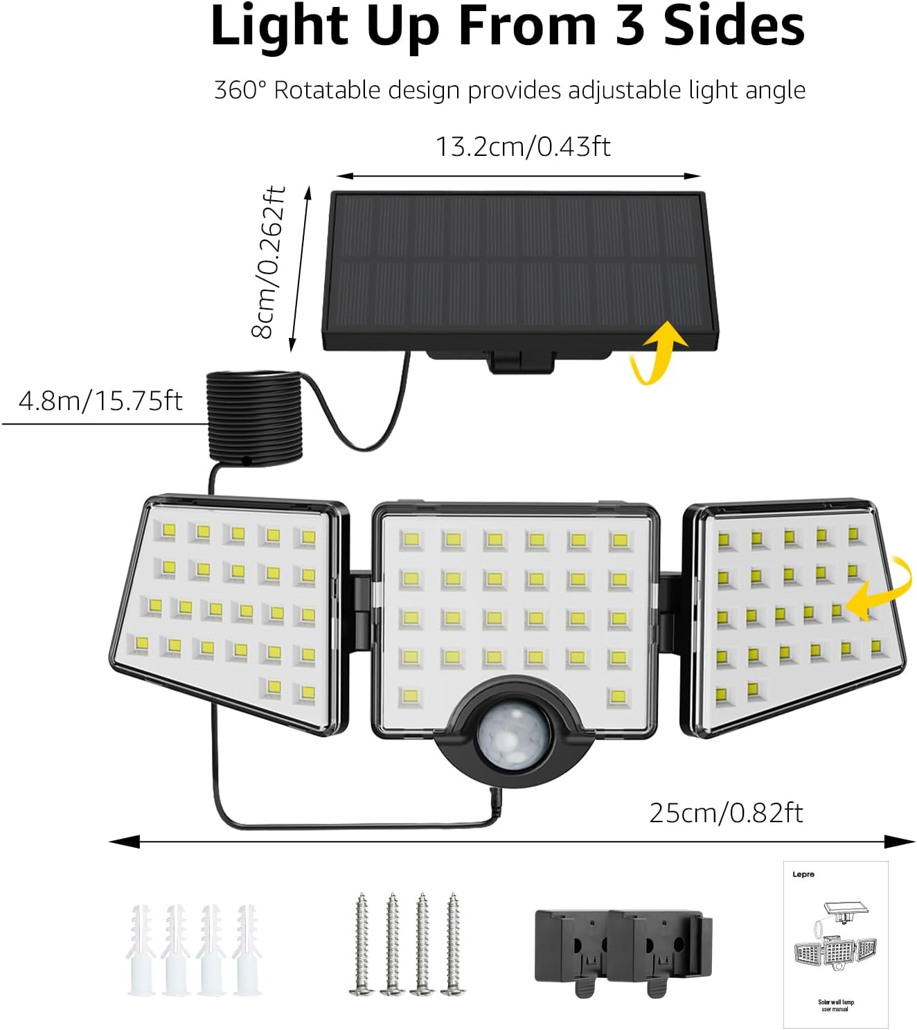 Solar Security Lights Outdoor Motion Sensor 1200LM 3 Head