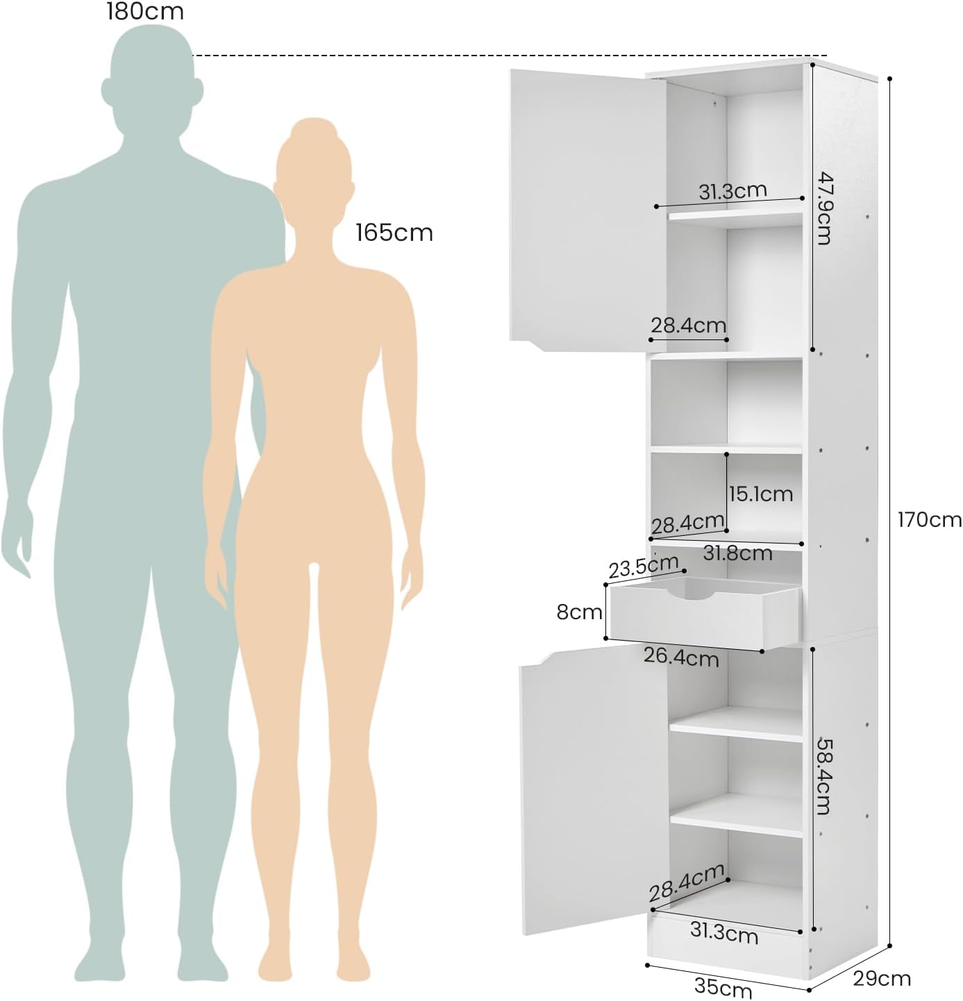 Tall Bathroom Cabinet White 8 Shelf 2 Door Storage Unit