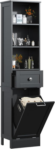 Tall Bathroom Cabinet Laundry Hamper Drawer Shelves Black 170cm