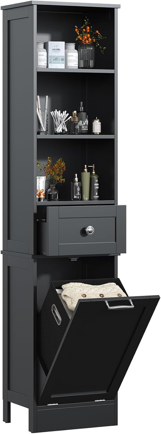 Tall Bathroom Cabinet Laundry Hamper Drawer Shelves Black 170cm