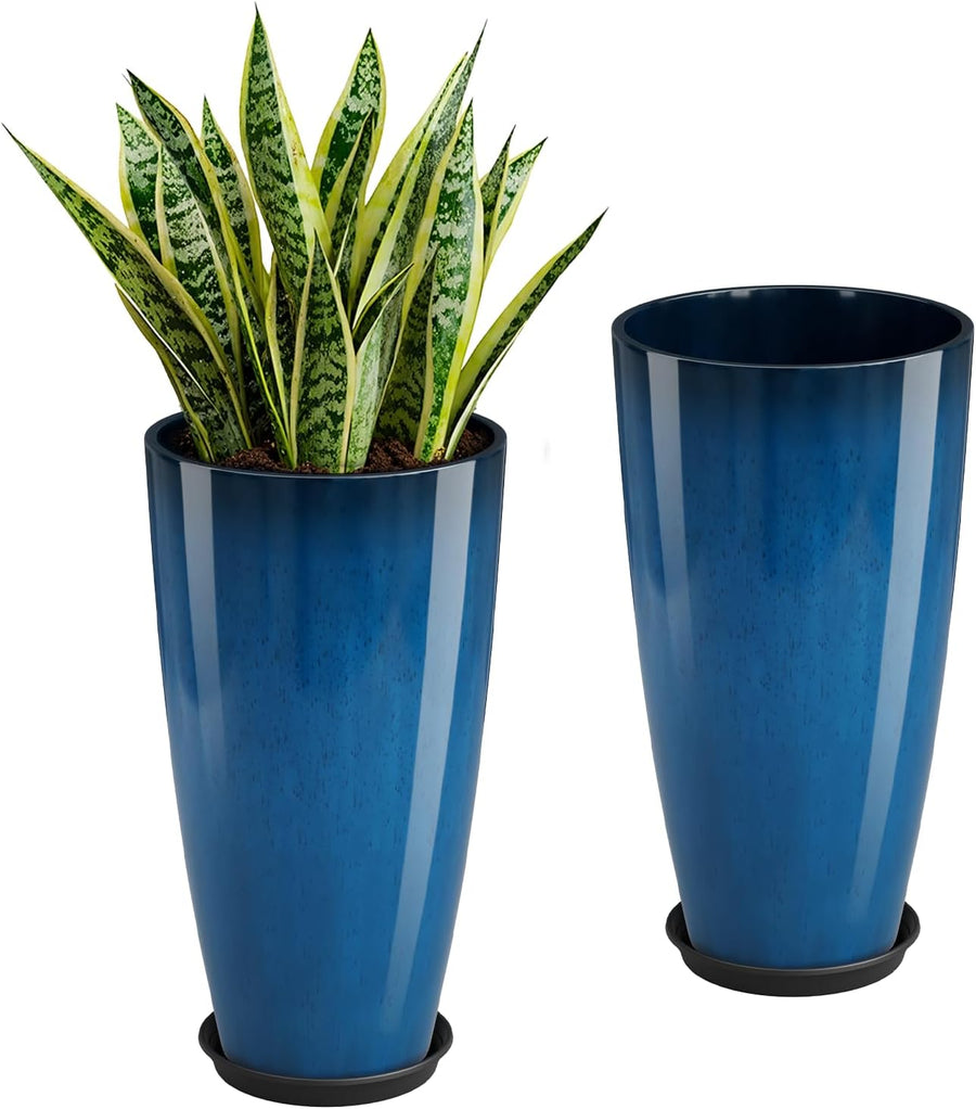 Tall Planters Set of 2 53cm Blue Plant Pots Indoor Outdoor