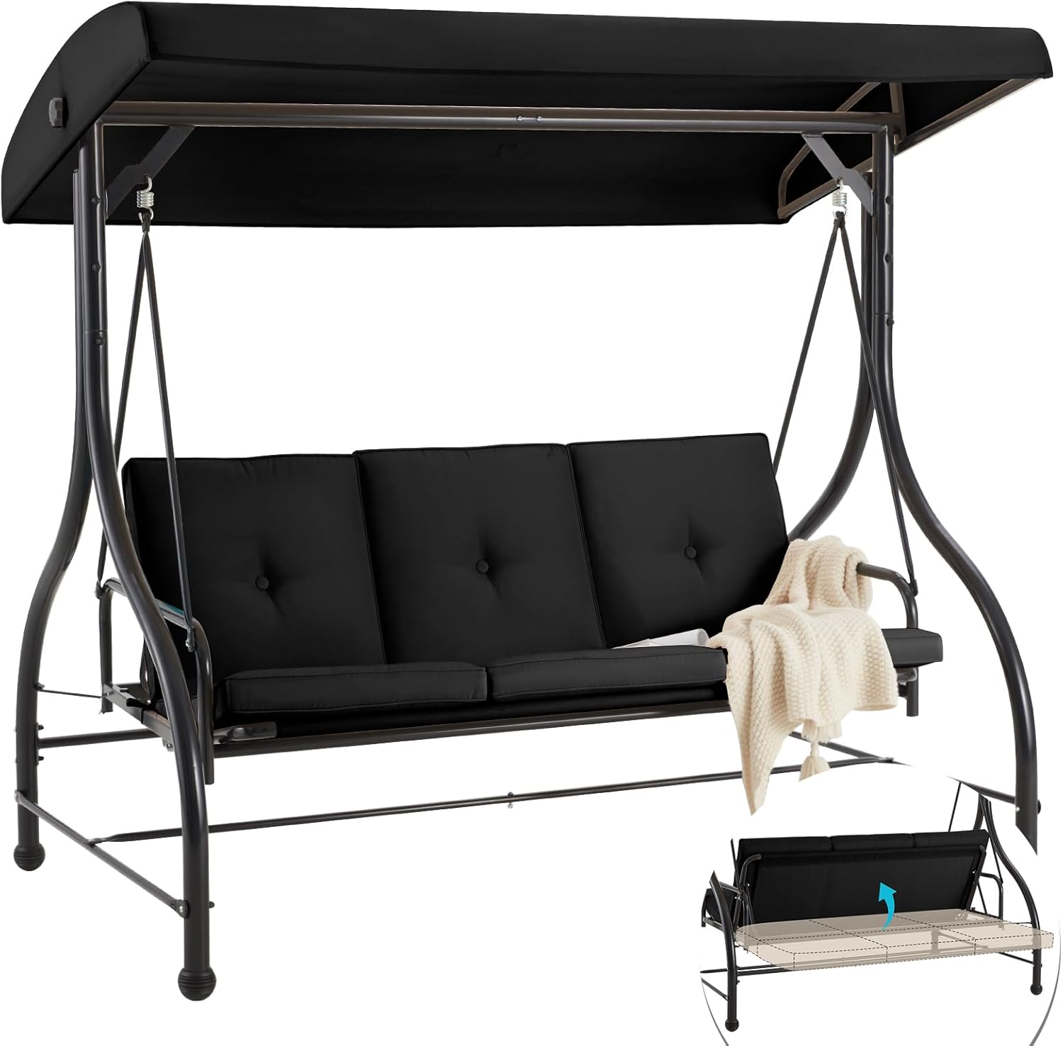 3 Seater Garden Swing Bed Black Canopy Cushion Steel