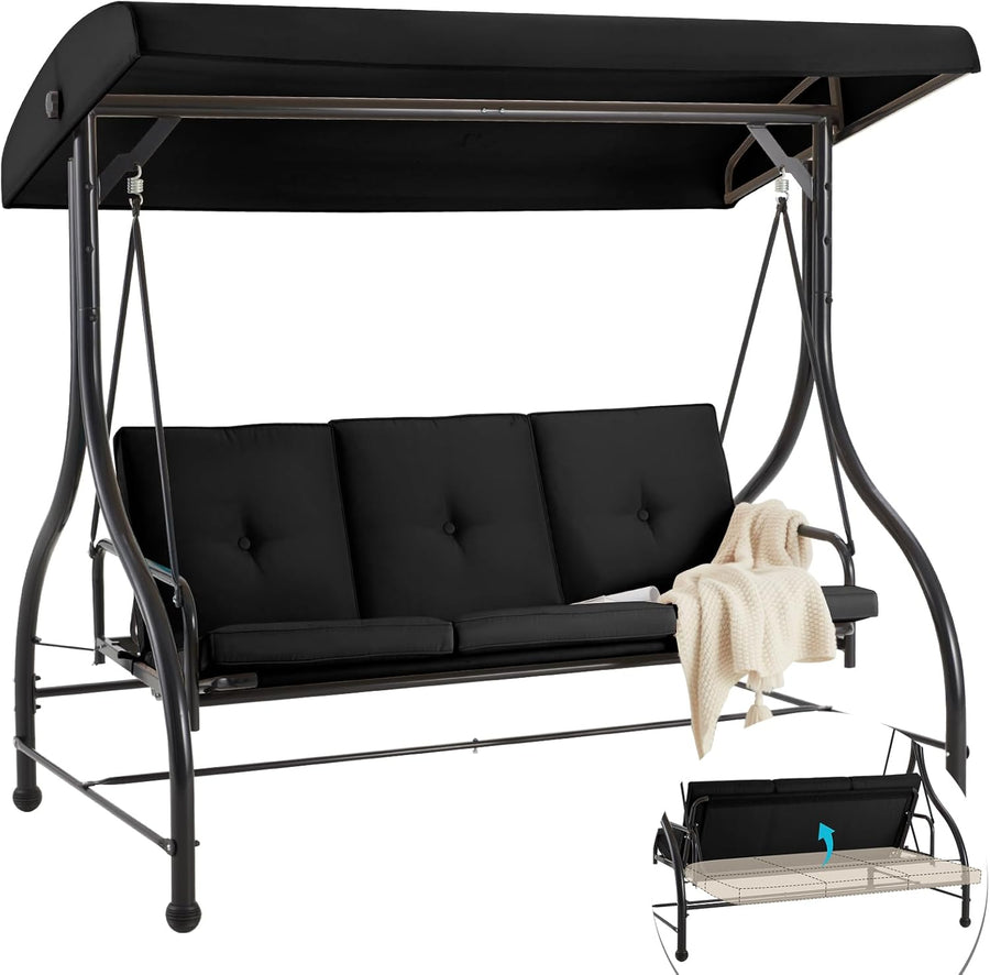 3 Seater Garden Swing Bed Black Canopy Cushion Steel