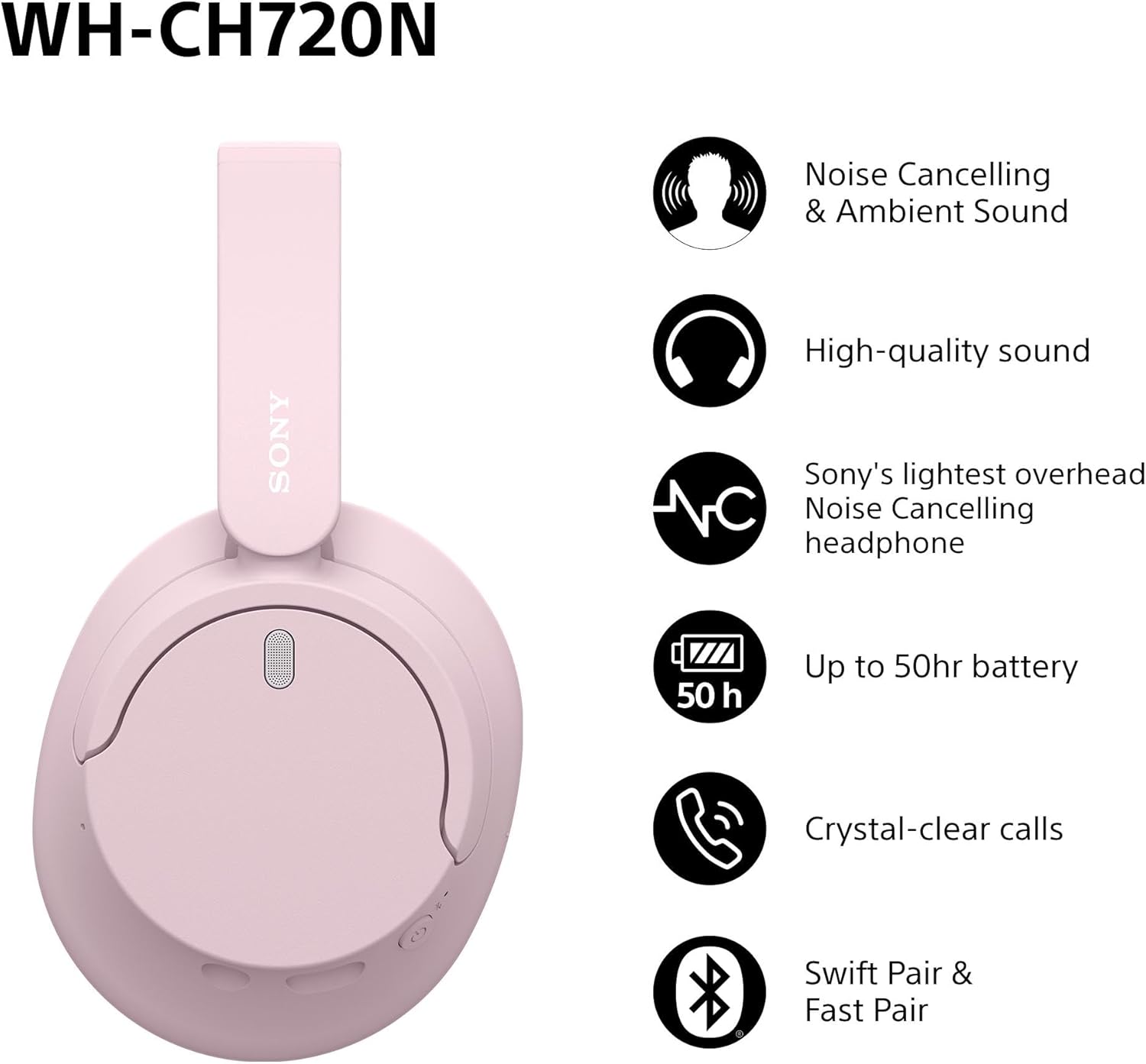Wireless Bluetooth Noise Cancelling Over Ear Headphones 50Hr Battery Pink