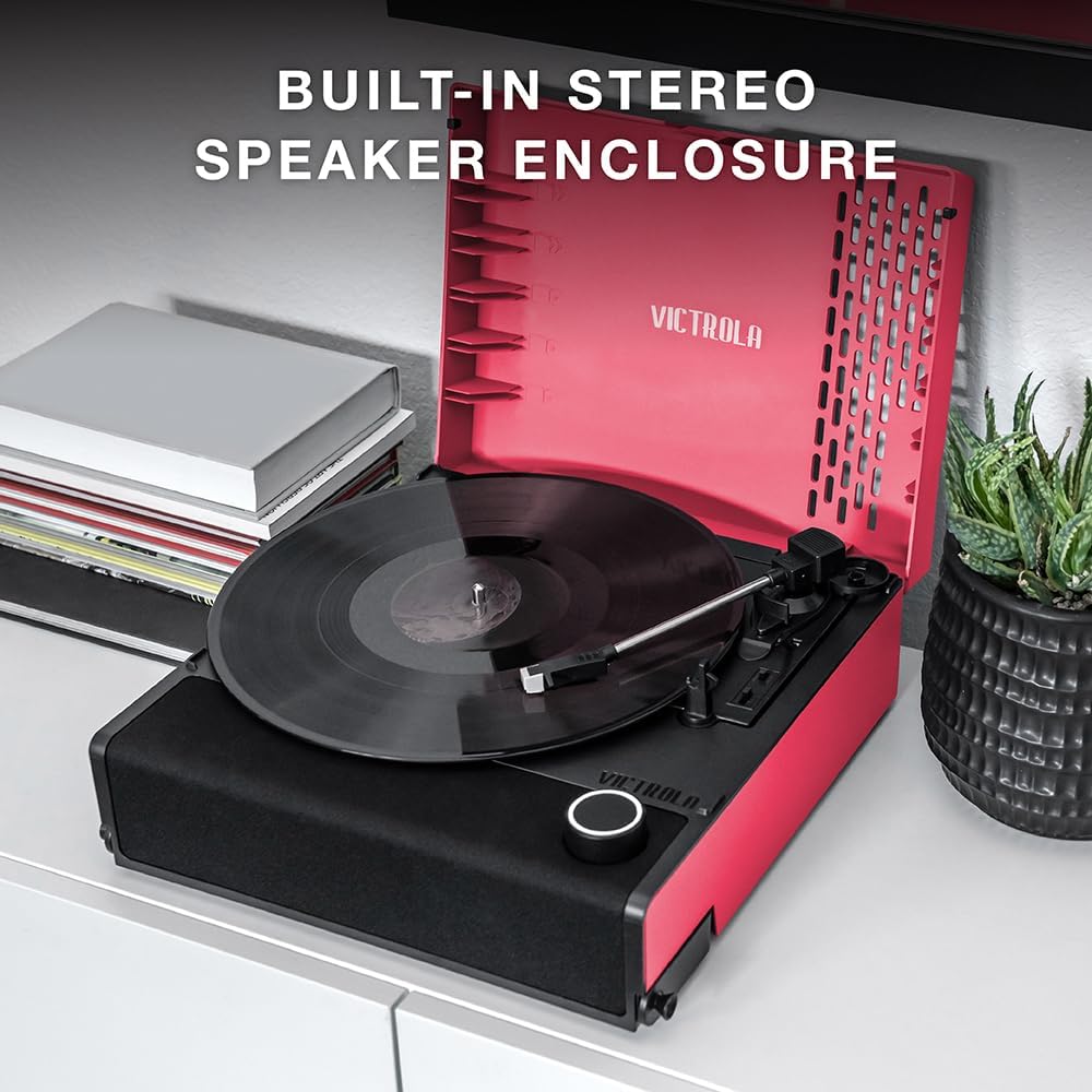 Pink Portable Bluetooth Record Player Rechargeable