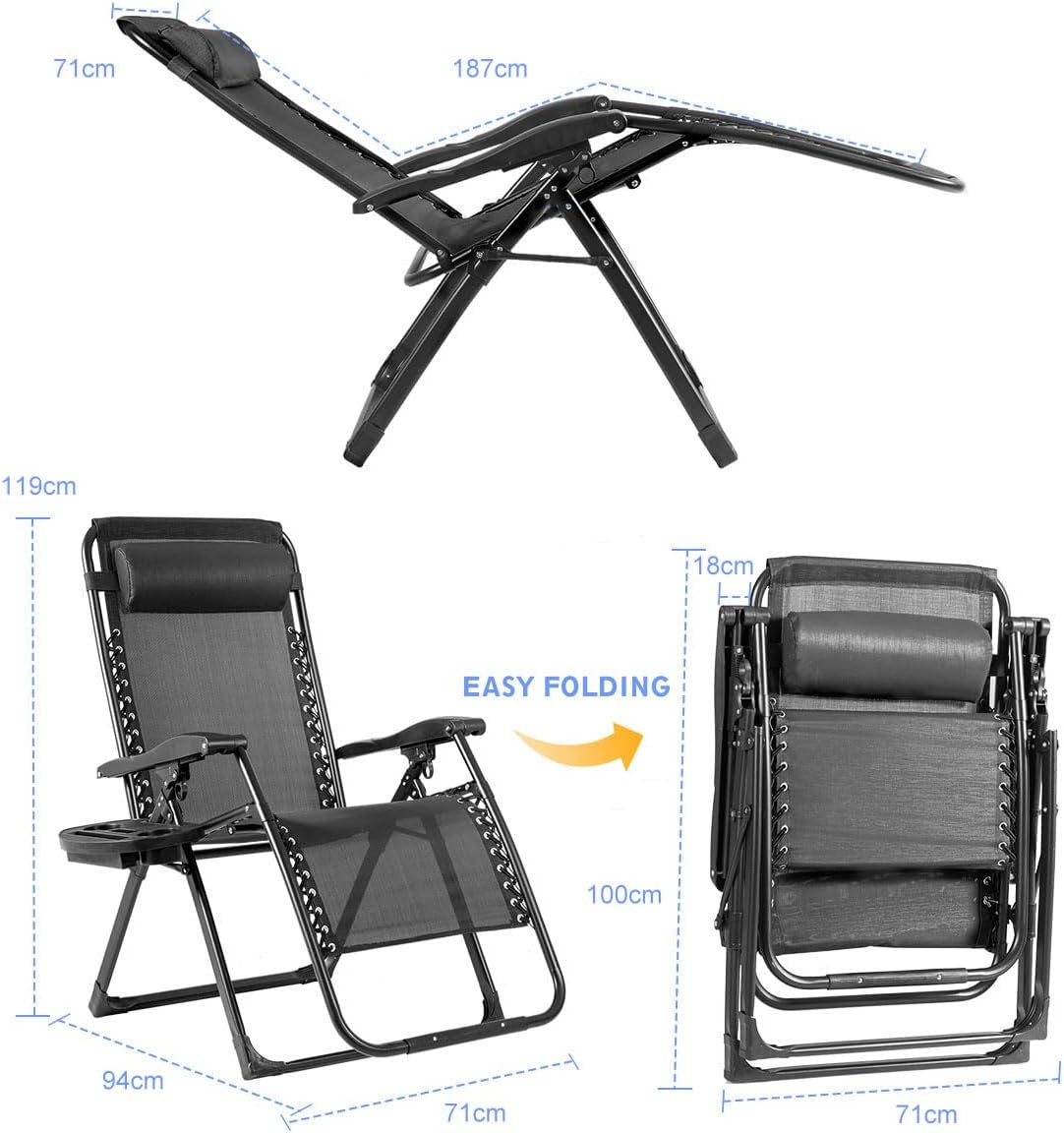 Oversized Zero Gravity Chair 226kg Recliner with Tray Black