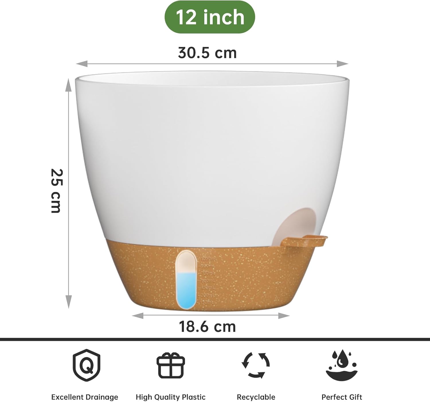 30cm Self Watering Plant Pots Set 2 White Planters Water Inlet