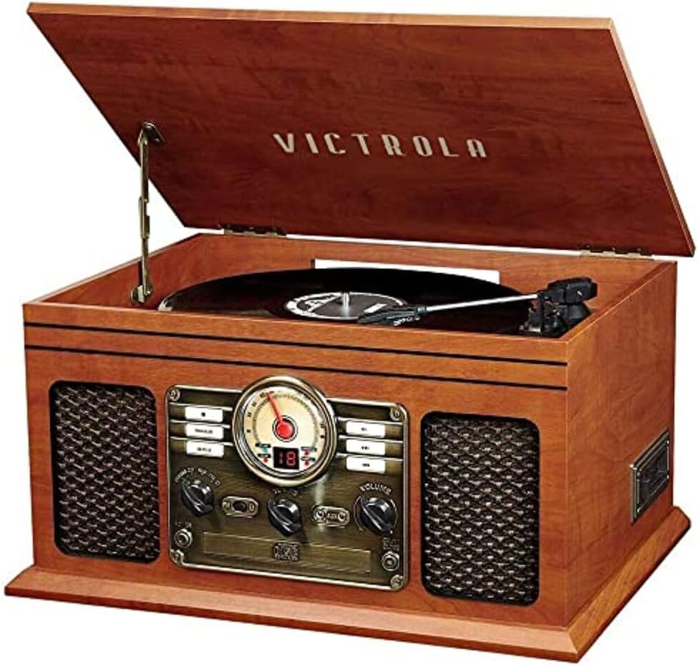 6 in 1 Wood Record Player Bluetooth CD Cassette Mahogany