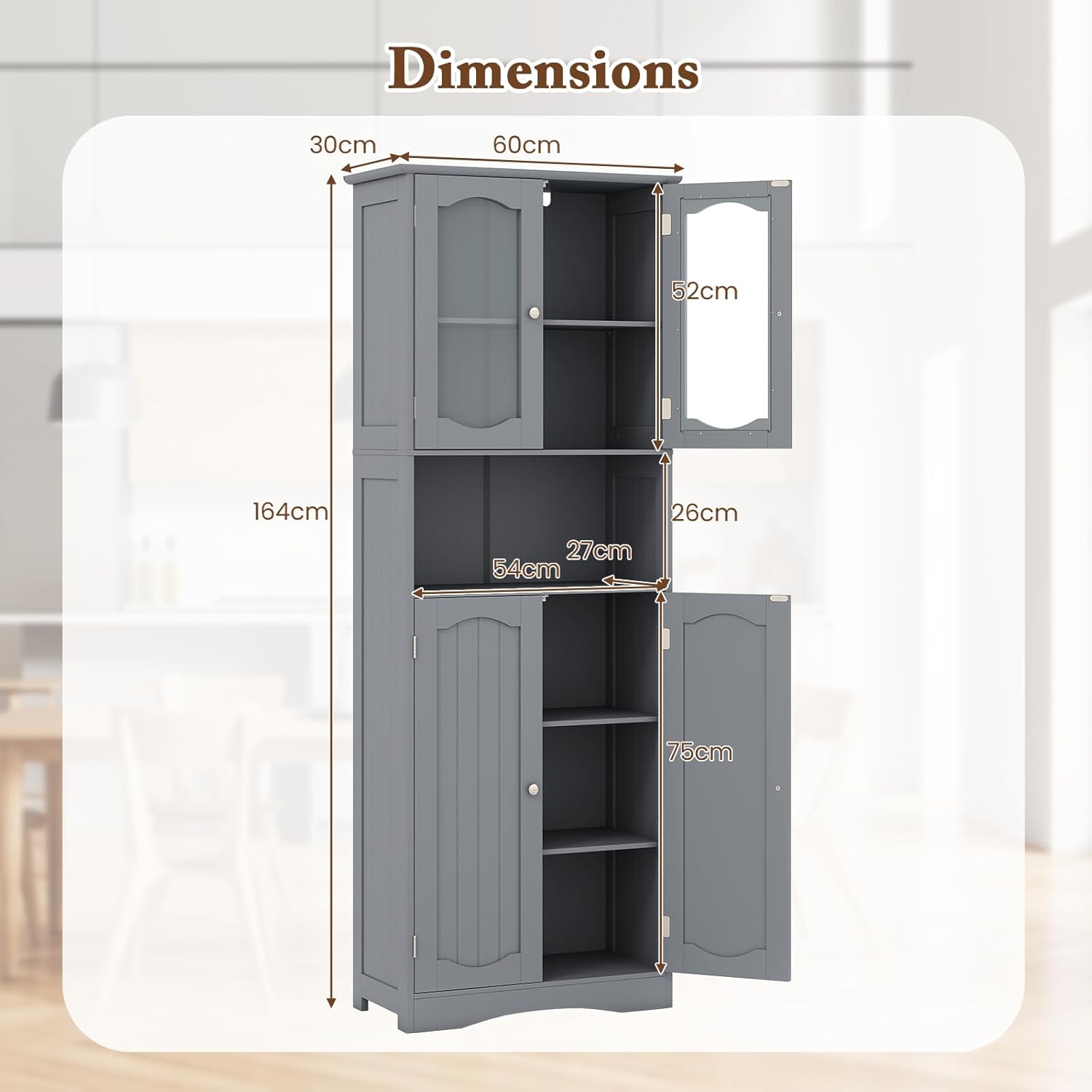 Tall Bathroom Storage Cabinet Glass Door Shelf Unit Grey