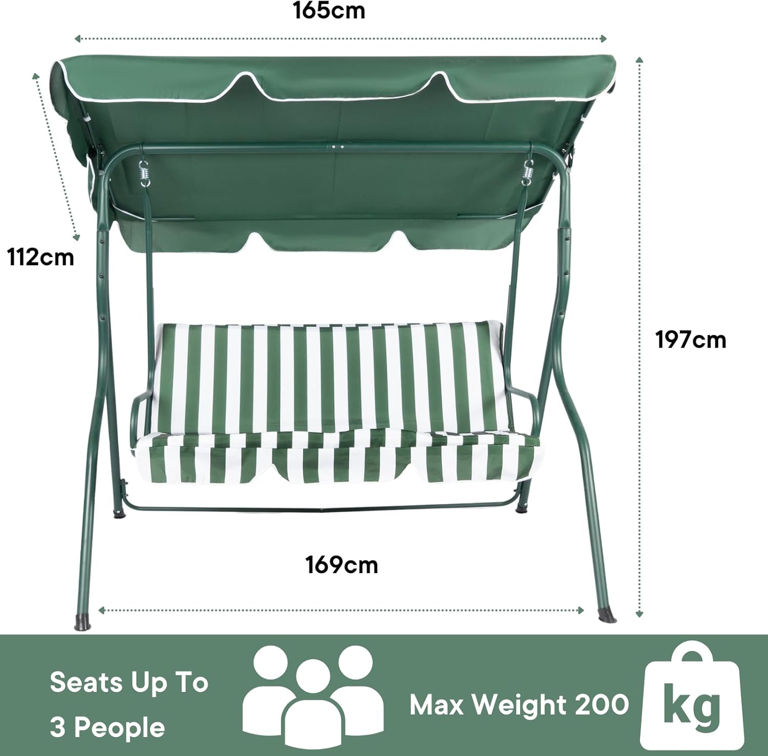 3 Seater Garden Swing Bench with Adjustable Canopy Stripe
