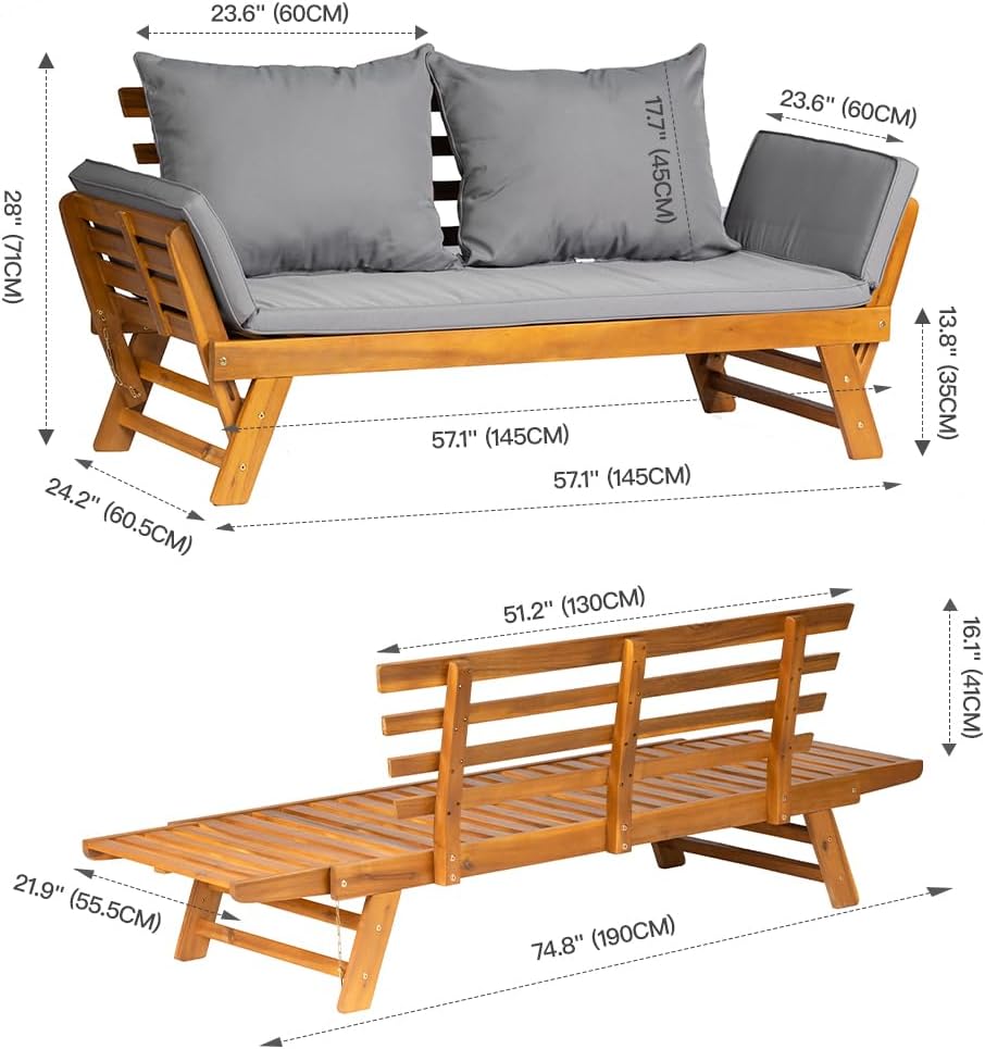 Acacia Wood Convertible Sofa Bed Outdoor Daybed Grey