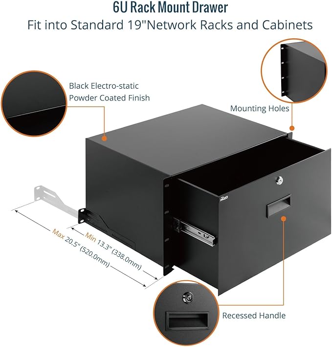 6U 19in Lockable Rack Drawer Steel Cabinet Mount
