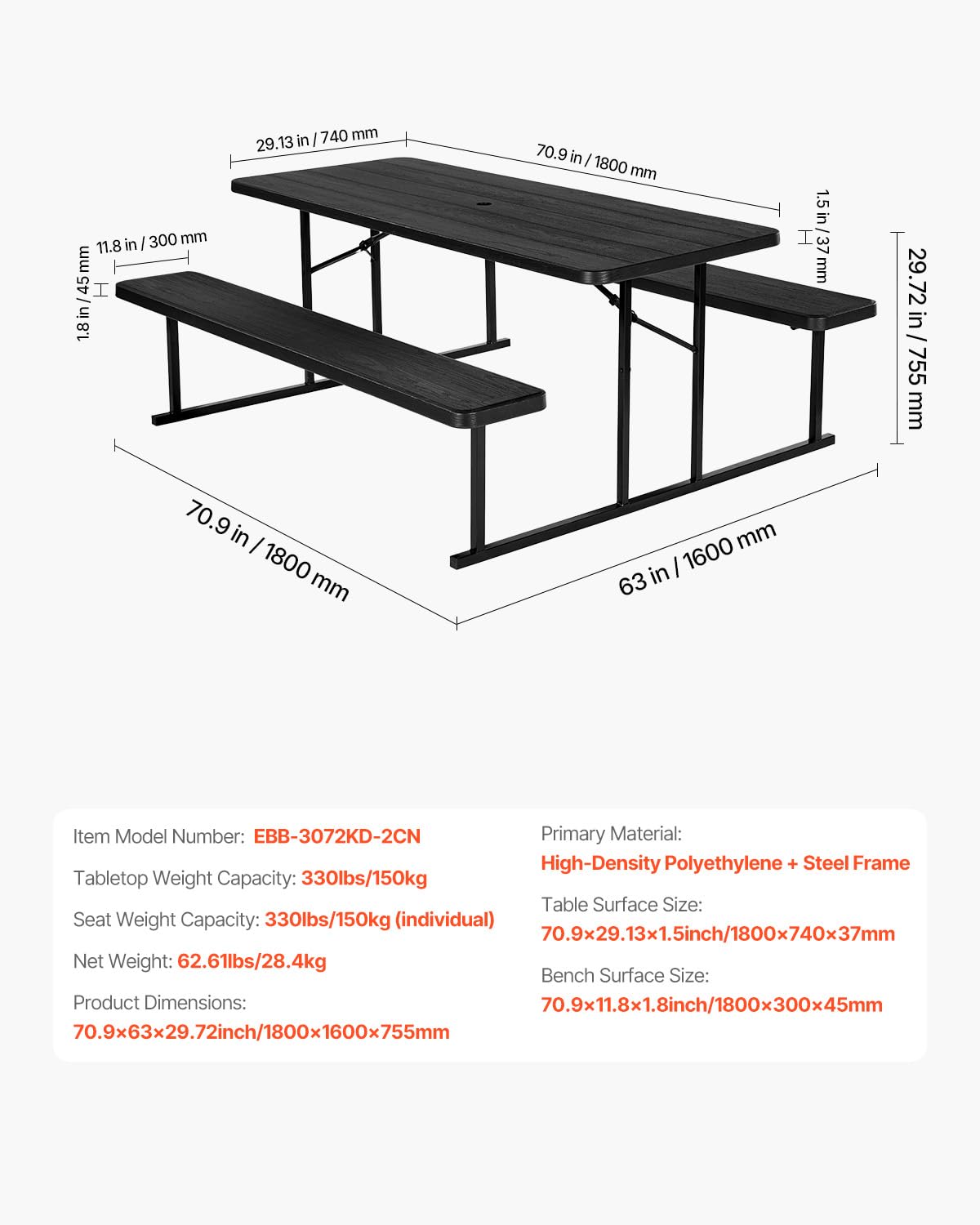 6FT Folding Picnic Table Bench Set Outdoor Patio w/Umbrella Hole