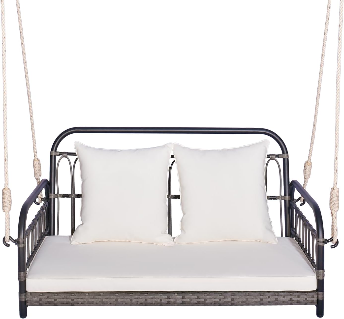2 Seater Rattan Hanging Swing Bench Cushion Pillows Grey