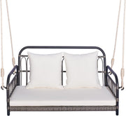 2 Seater Rattan Hanging Swing Bench Cushion Pillows Grey