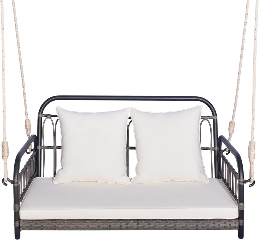 2 Seater Rattan Hanging Swing Bench Cushion Pillows Grey