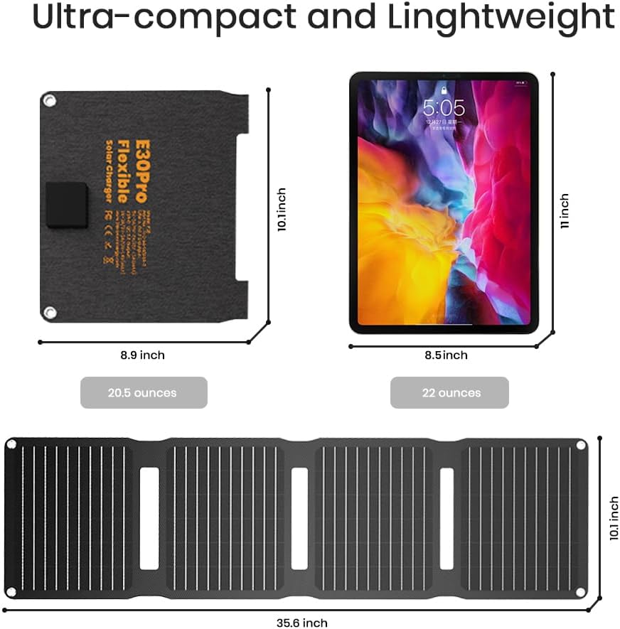 30W Foldable Solar Charger USB C USB A Camping Travel