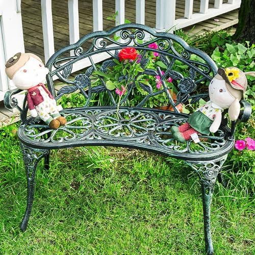 Outdoor Metal Garden Bench Patio Park Bench Floral Back Green 100cm