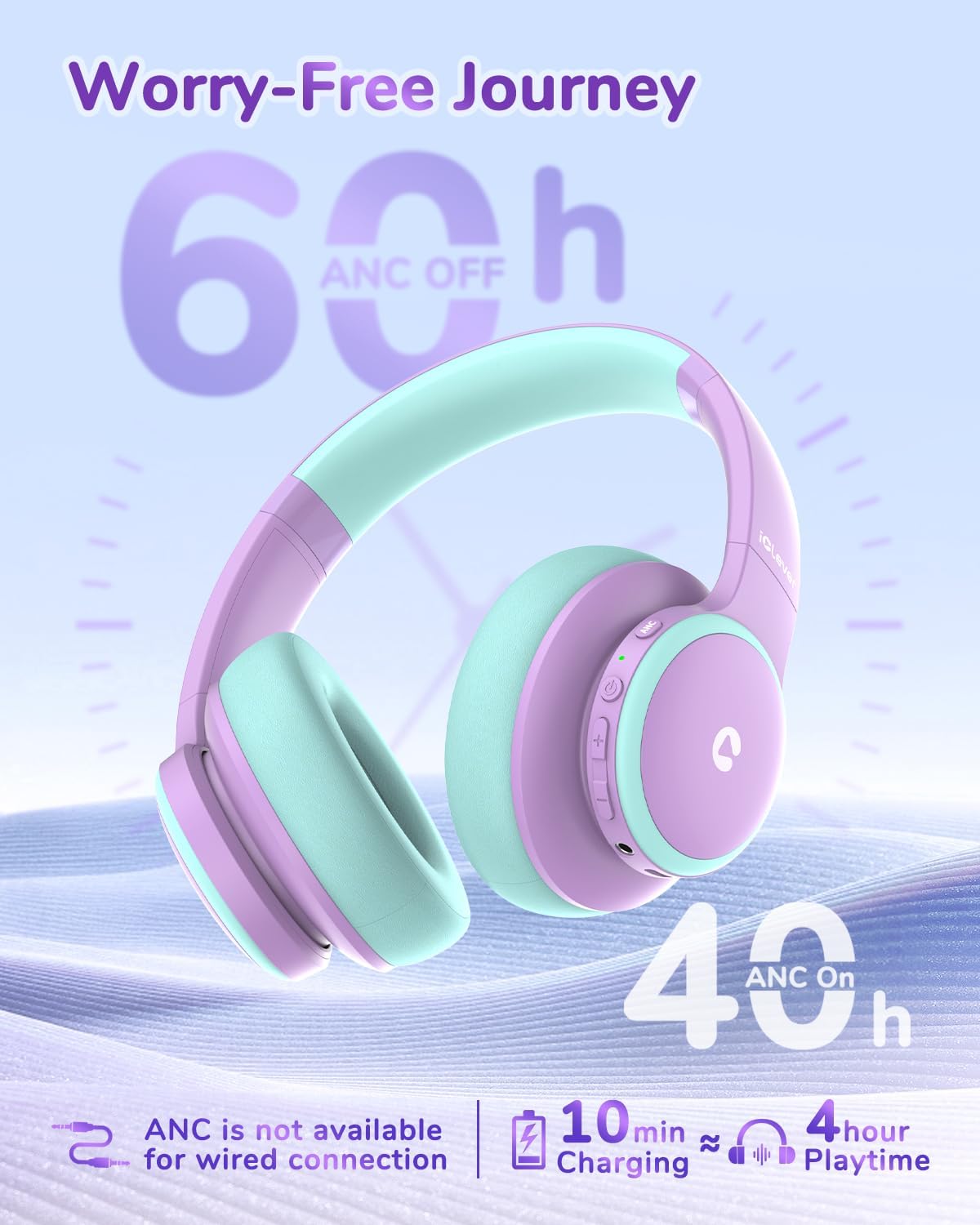 Kids Bluetooth ANC Headphones Safe Volume 60 Hour Battery Purple