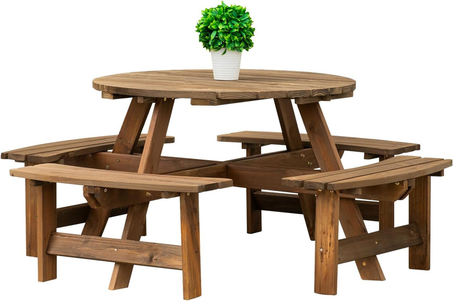8 Seater Round Wooden Garden Picnic Table Bench Outdoor Patio w/Parasol