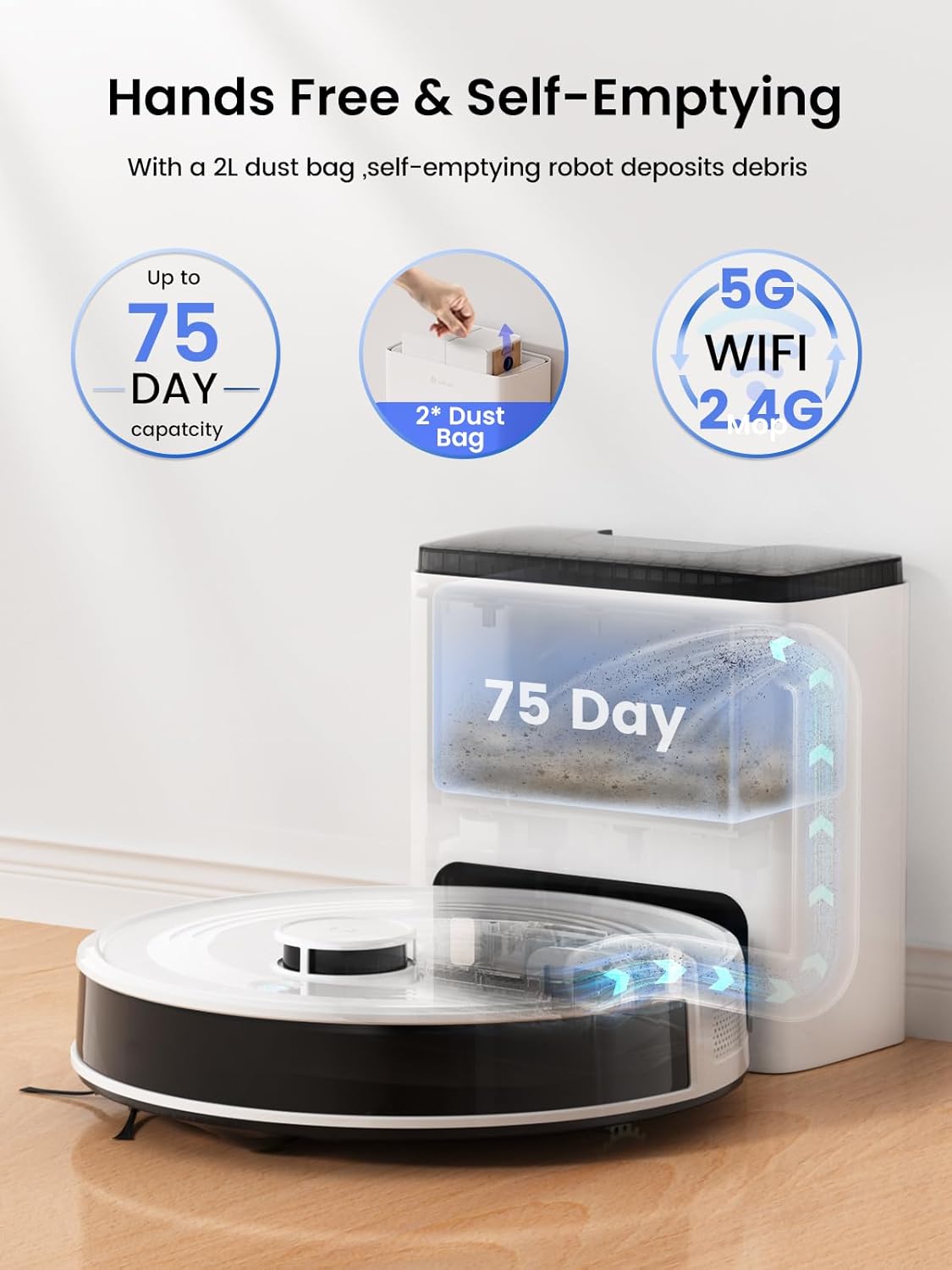Robot Vacuum Mop Self Empty 6000Pa LiDAR 75 Day WiFi Pet Hair
