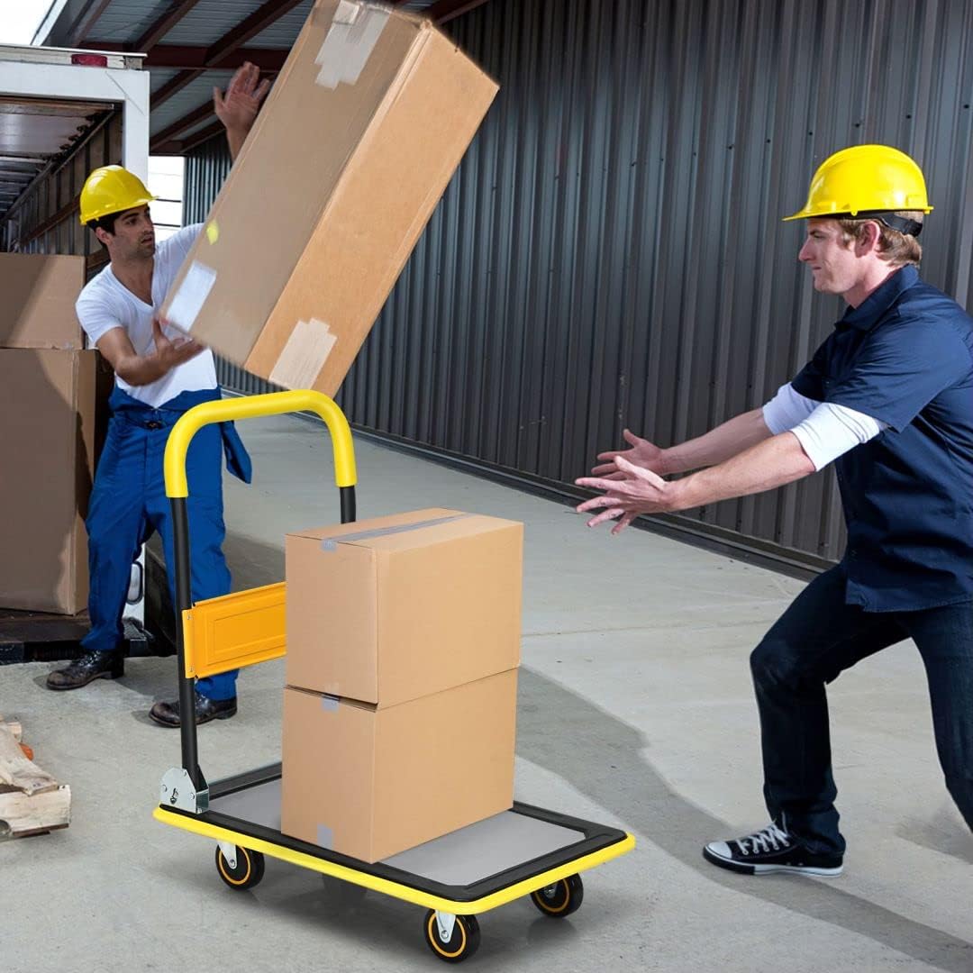 Folding Push Cart Dolly 150KG Flatbed Trolley Yellow