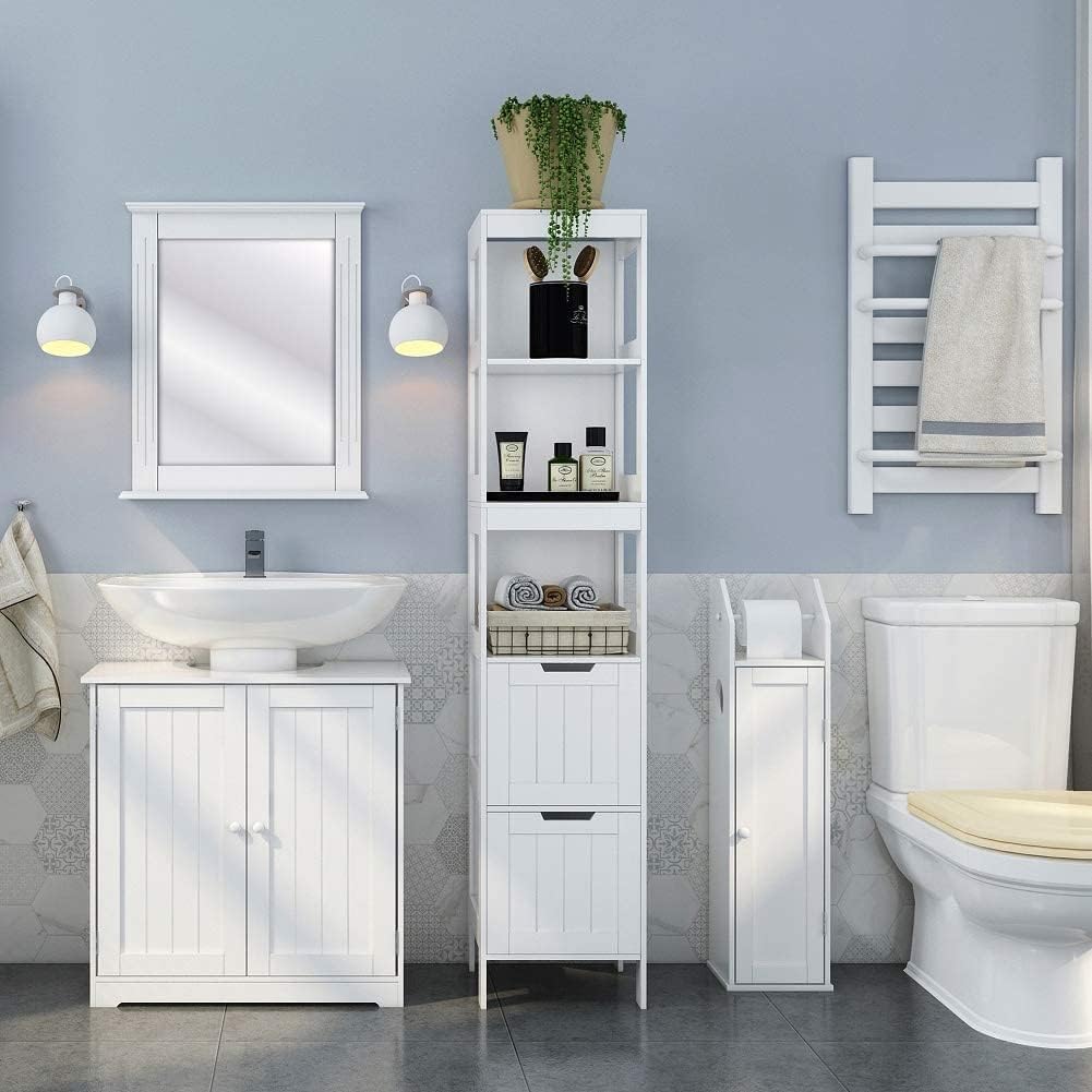 Tall Slim Bathroom Storage Cabinet 2 Drawers 3 Shelves White MDF