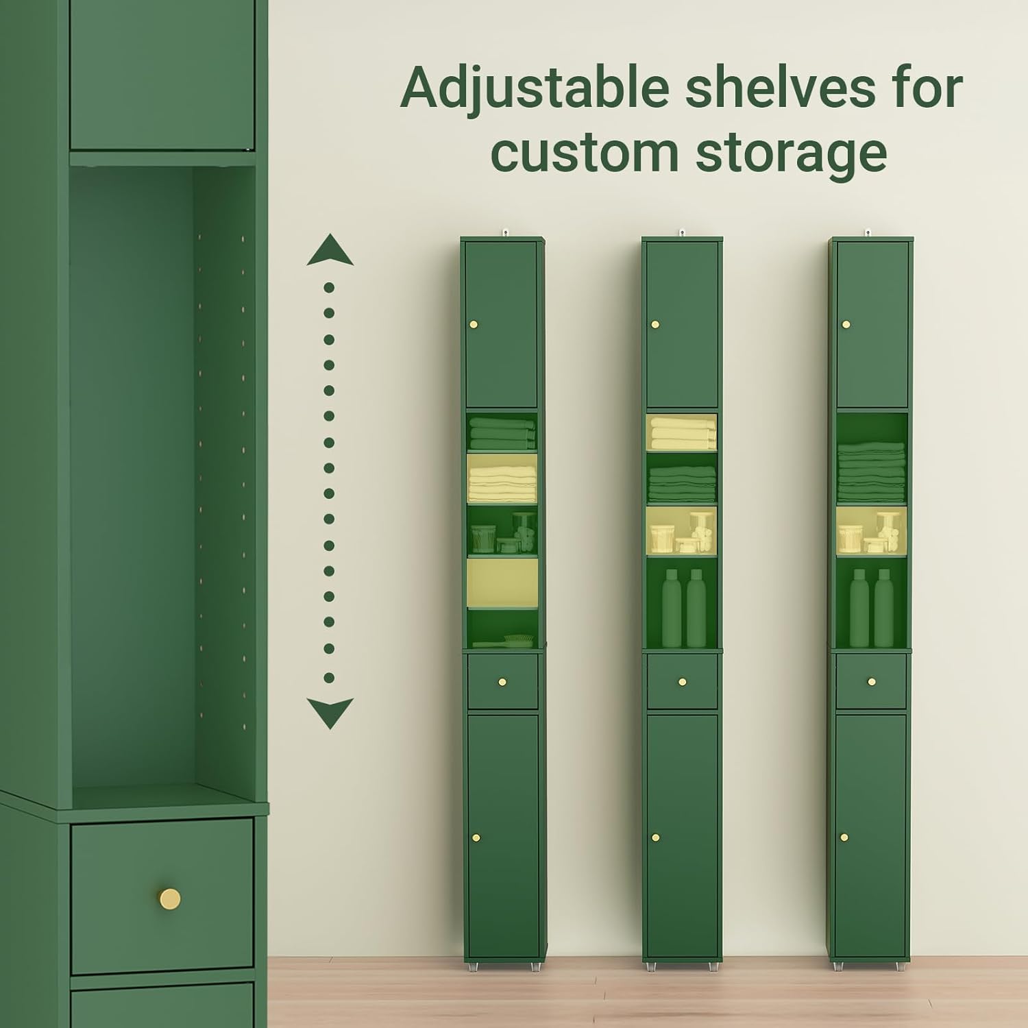 Tall Slim Bathroom Storage Cabinet Drawer Adjustable Shelves Green