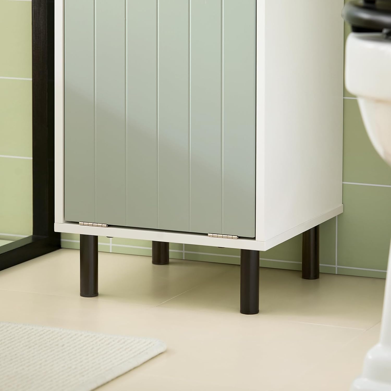Slim Bathroom Tall Cabinet Laundry Bag Shelf Unit White Green
