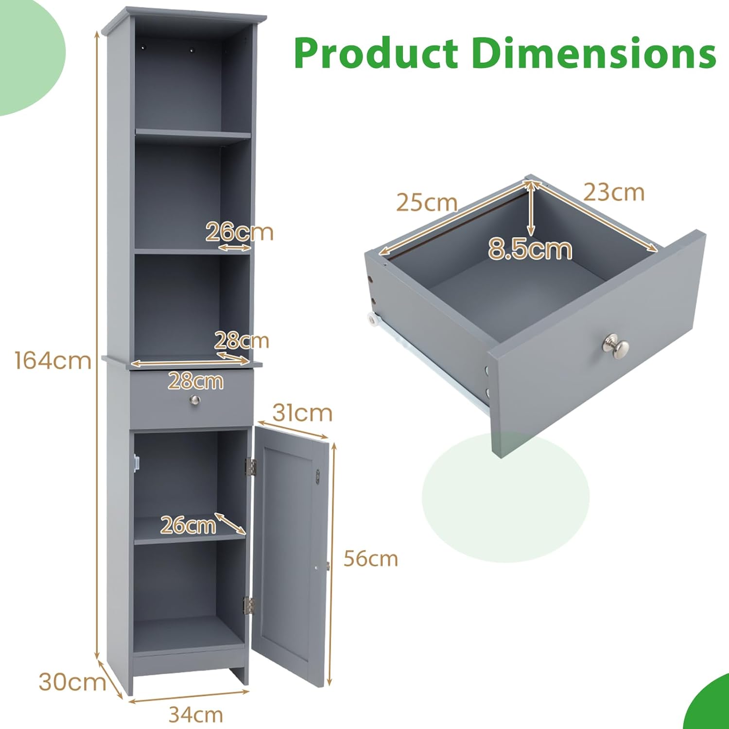 Slim Bathroom Tall Cabinet Drawer Shelf Cupboard Grey