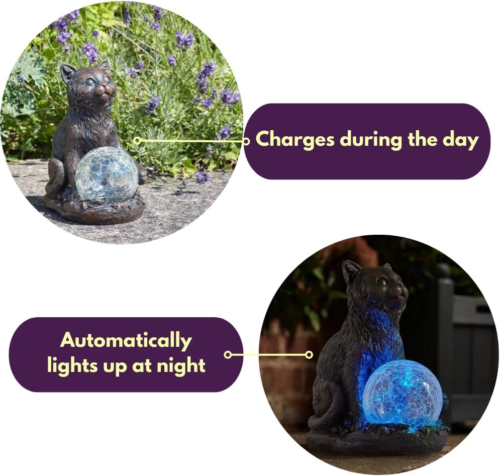Solar Cat Garden Statue LED Crystal Ball Light Outdoor Decor 19cm