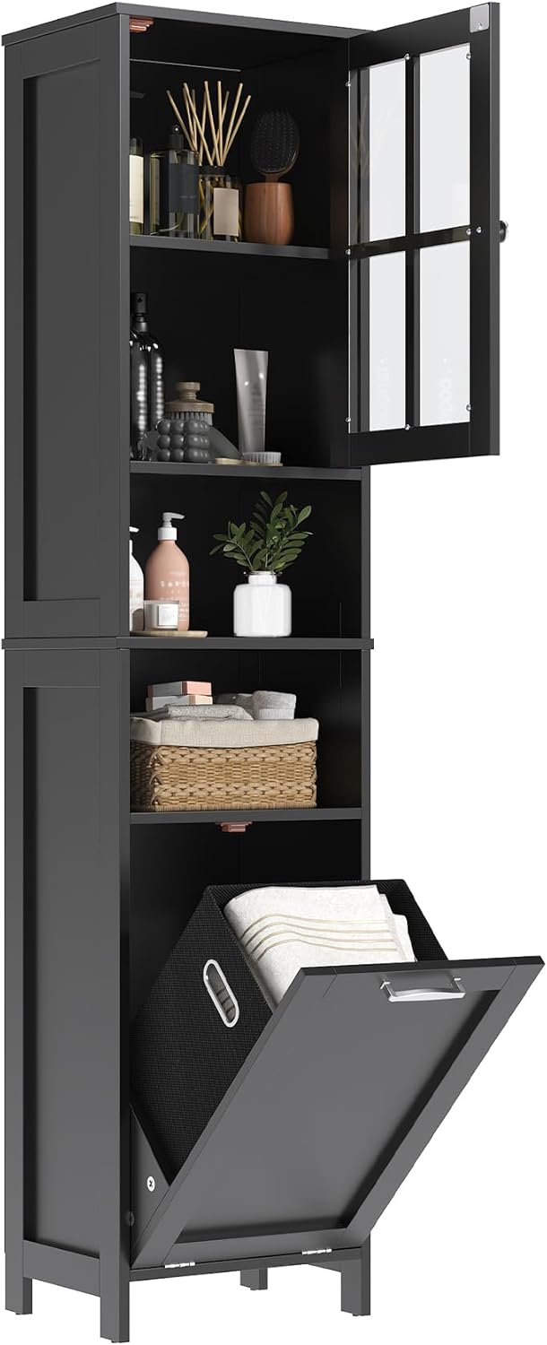 Tall Bathroom Cabinet Black Laundry Basket Shelf Unit