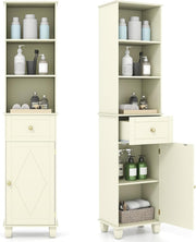 Tall Slim Storage Cabinet Beige Drawer Shelves Door Unit