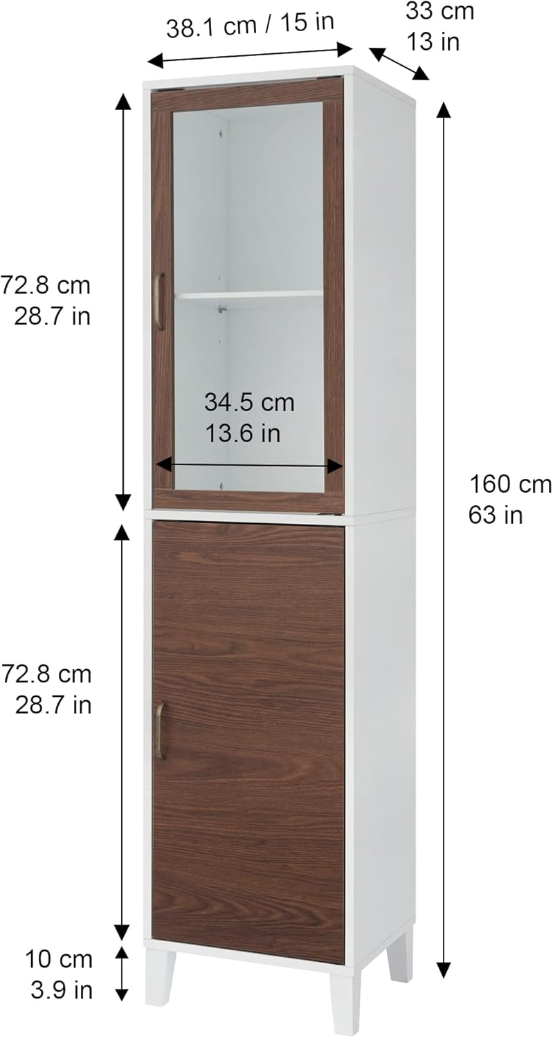 Tall Bathroom Linen Tower Cabinet Glass Door Shelf White Brown