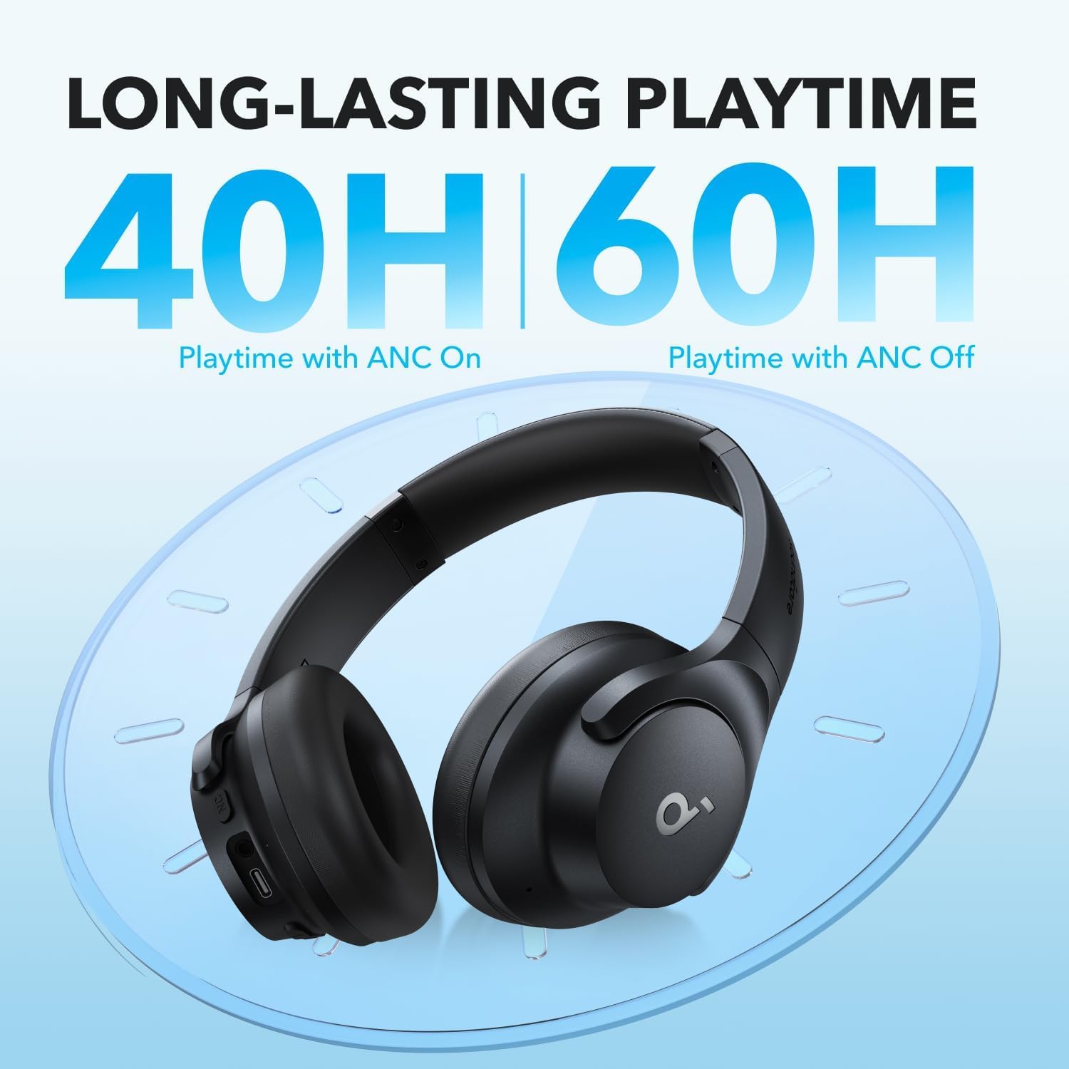 Wireless Hybrid Noise Cancelling Over Ear Headphones 40Hr Battery Black