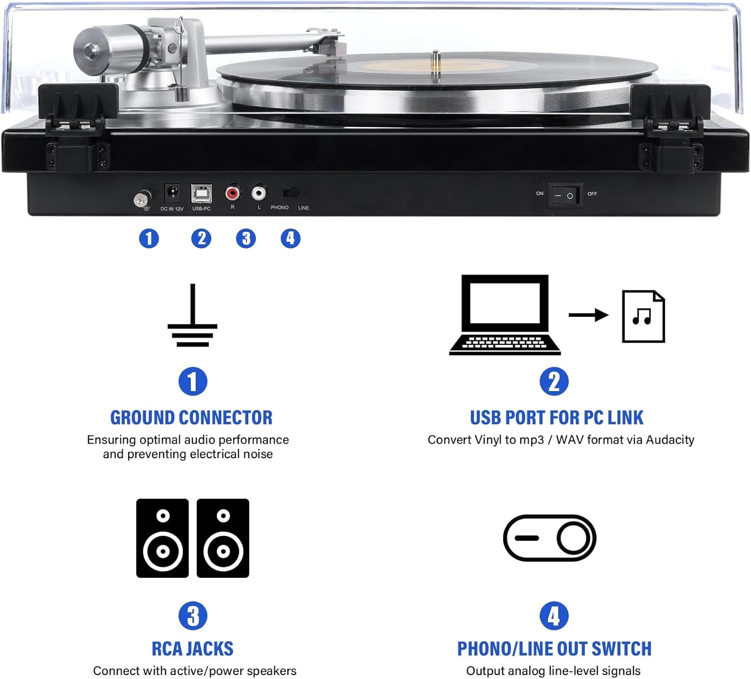 Belt-Drive Vinyl Turntable Bluetooth USB Magnetic Cartridge Adjustable