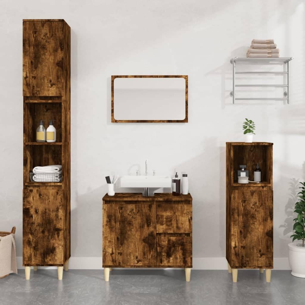 Tall Bathroom Cabinet 6 Compartment 2 Door Smoked Oak