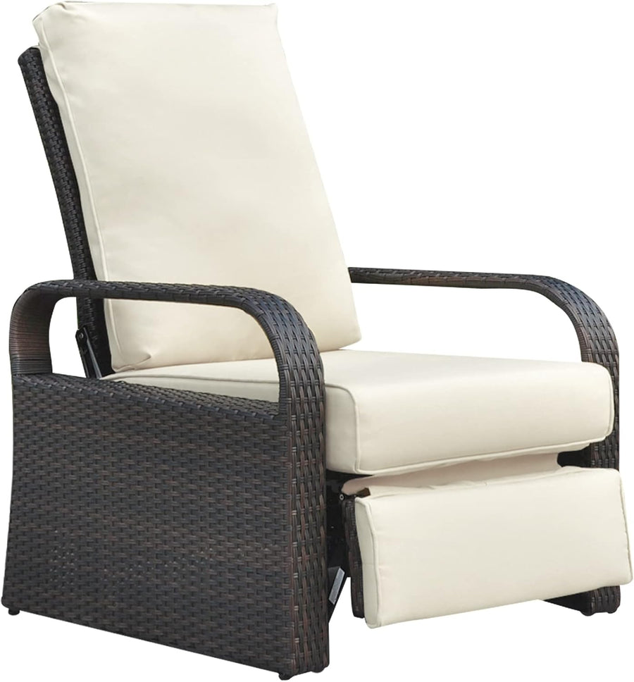 Brown Rattan Garden Recliner Chair Beige Cushion