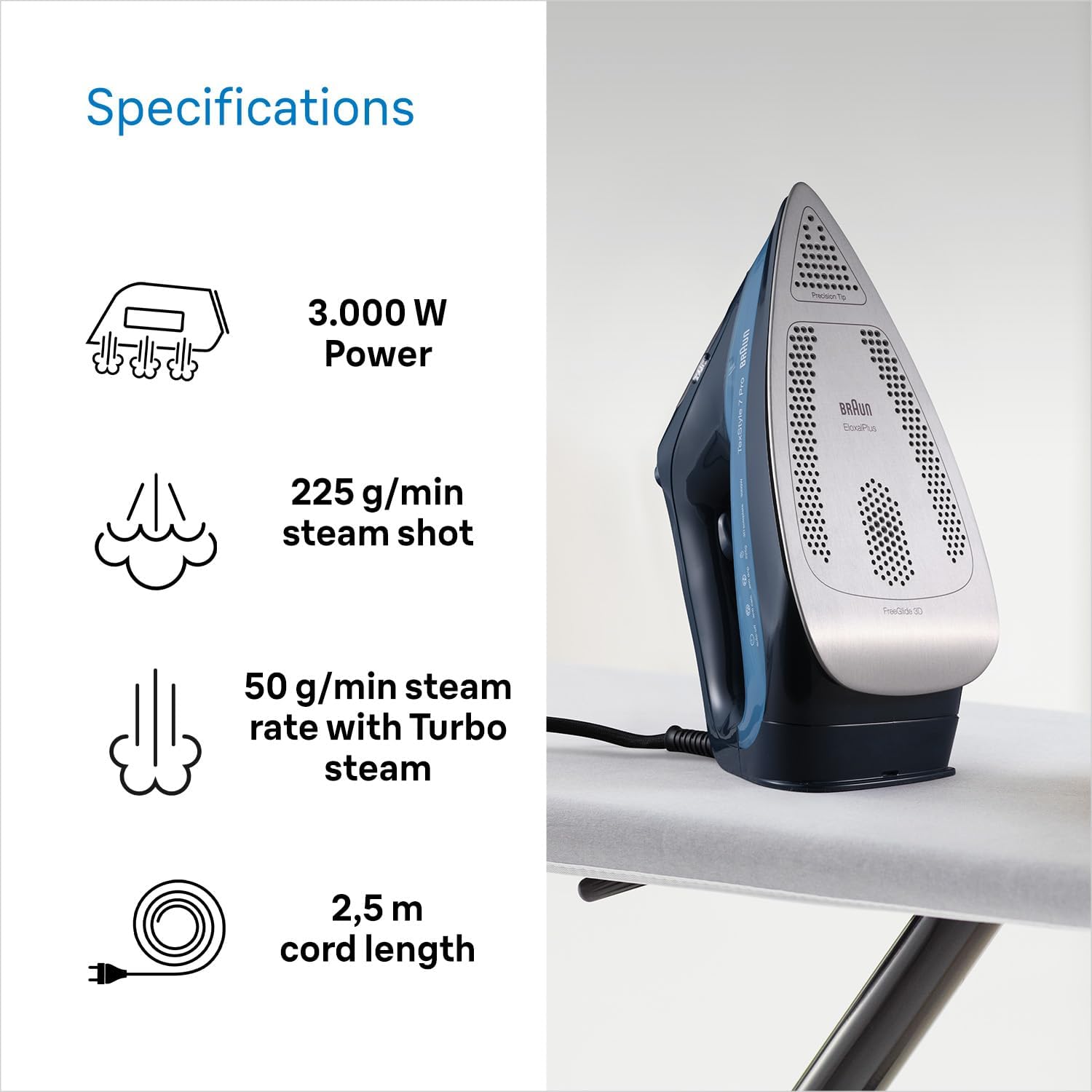 3000W Steam Iron 225g Steam Shot FreeGlide Soleplate Auto Shut Off