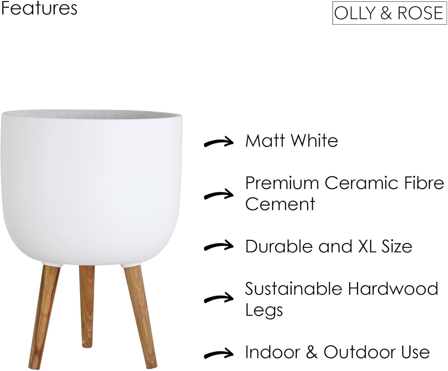 White Plant Pot with Stand 38cm Fibrestone Planter Hardwood Legs