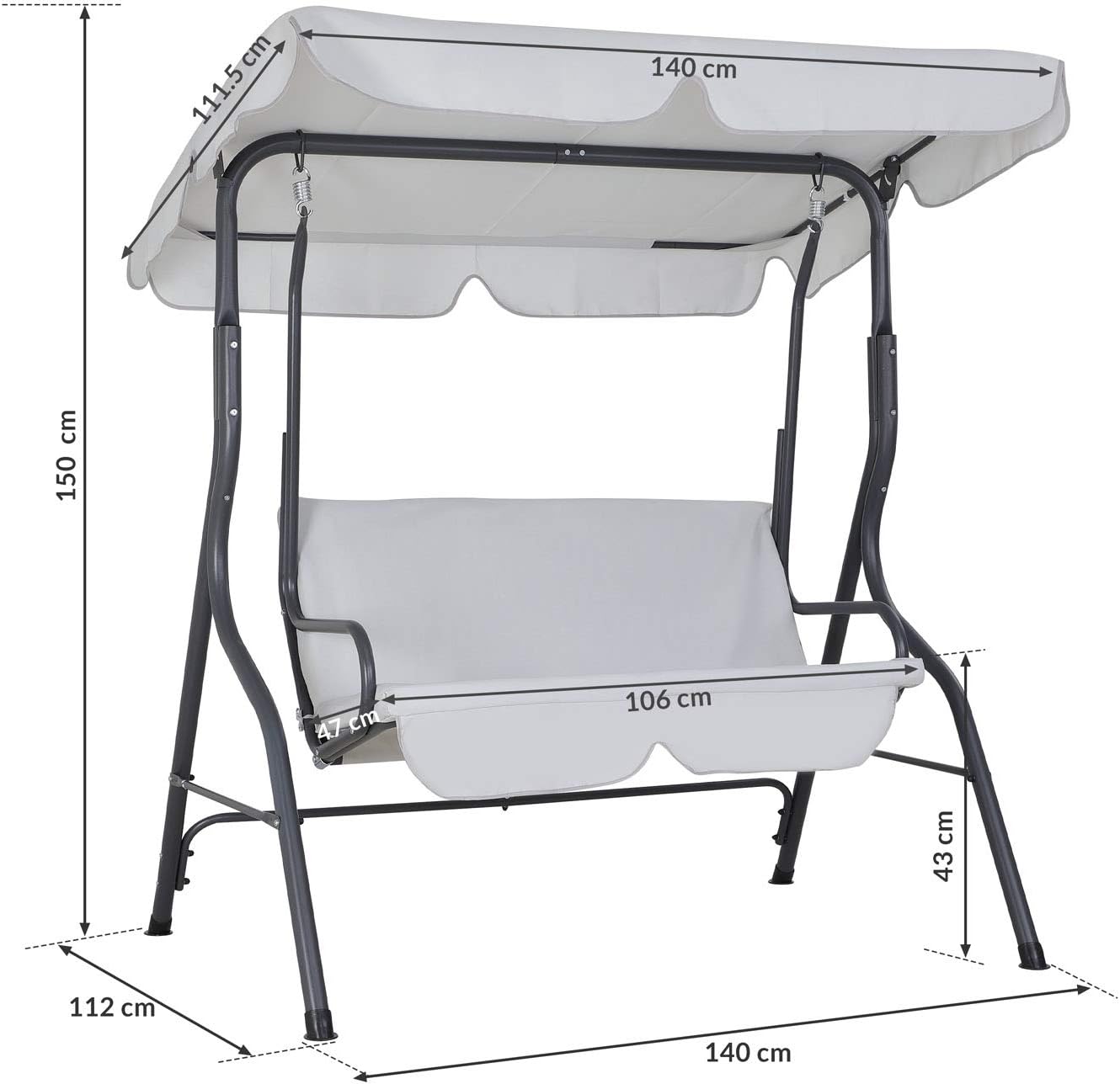 2 Seater Canopy Swing Chair Light Grey Garden Bench