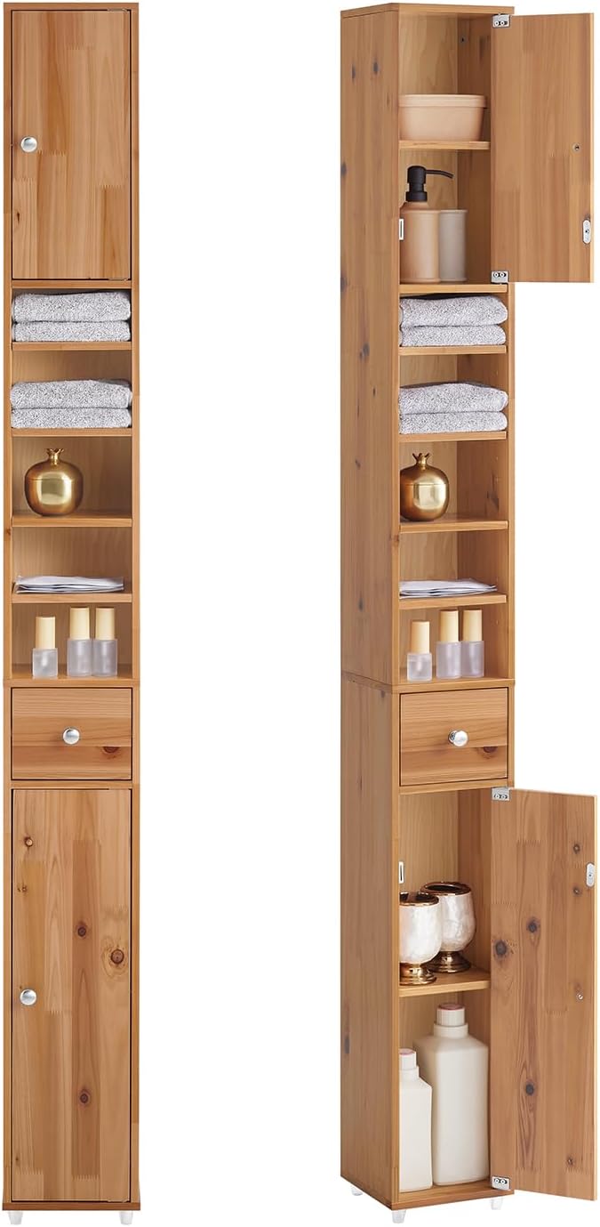 Slim Tall Solid Wood Bathroom Cabinet Drawer 180cm Natural