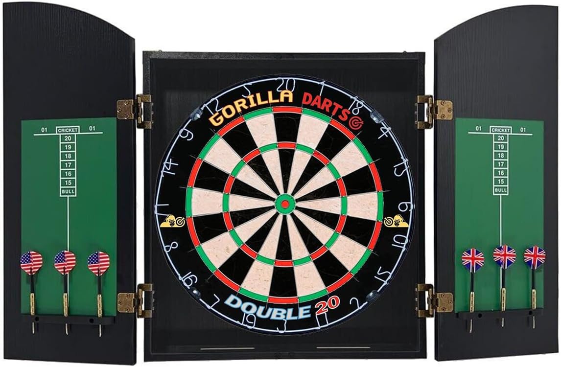 Dart Board Cabinet Set Wood Black Ash Bristle Board 6 Darts