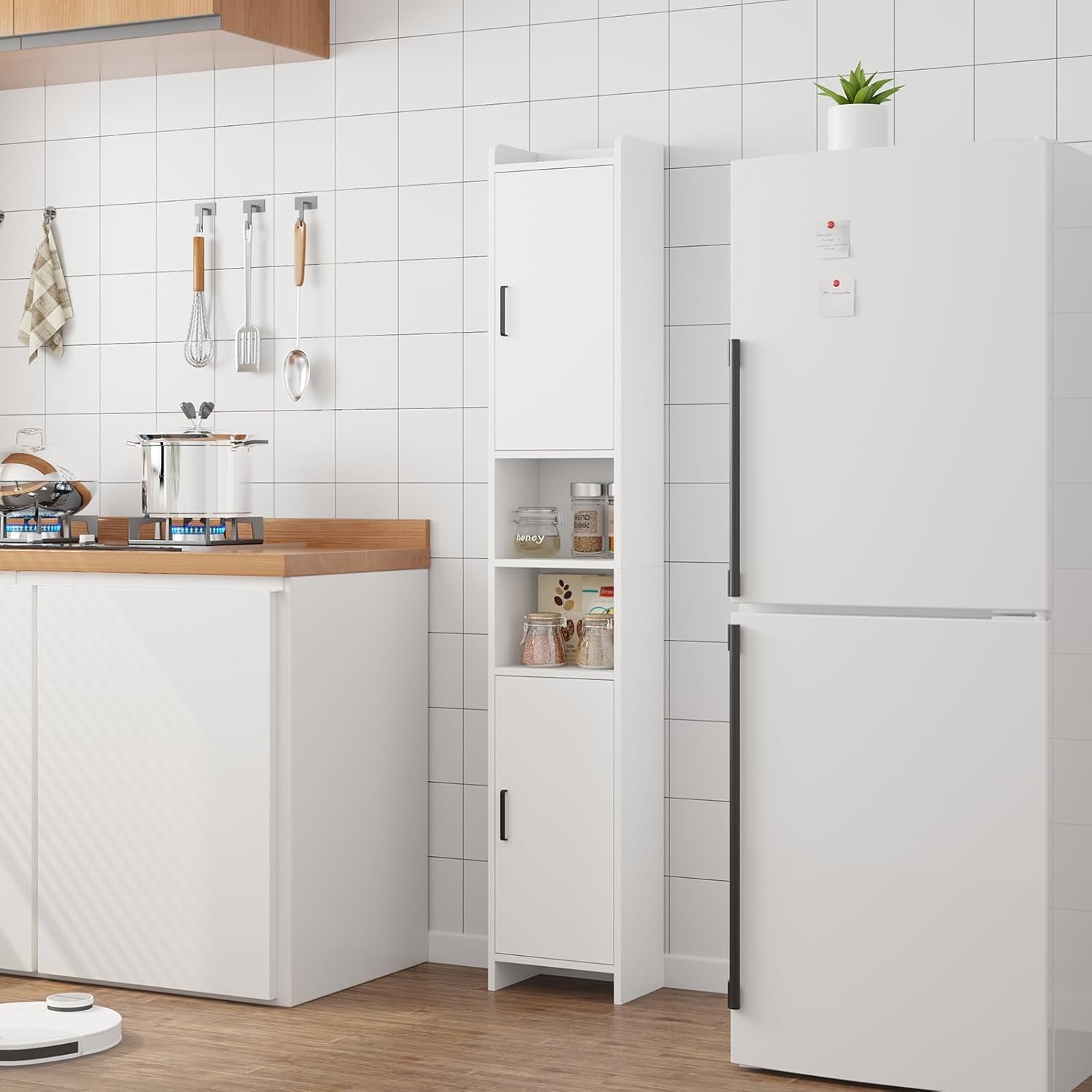 Tall Slim Bathroom Storage Cabinet 2 Doors Open Shelves White
