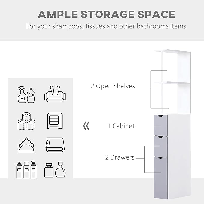 Slim Tall Bathroom Storage Cabinet 2 Drawers Shelves White Grey