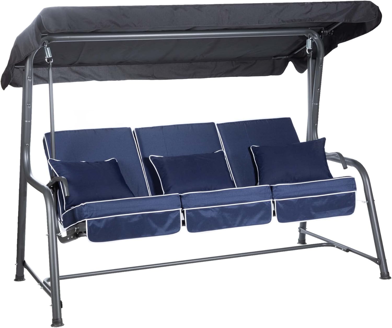 3 Seater Reclining Garden Swing Bed Navy Canopy Cushions 250kg