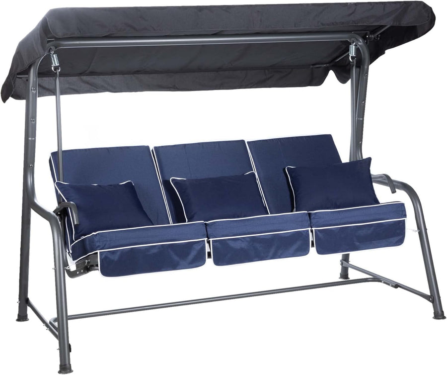 3 Seater Reclining Garden Swing Bed Navy Canopy Cushions 250kg