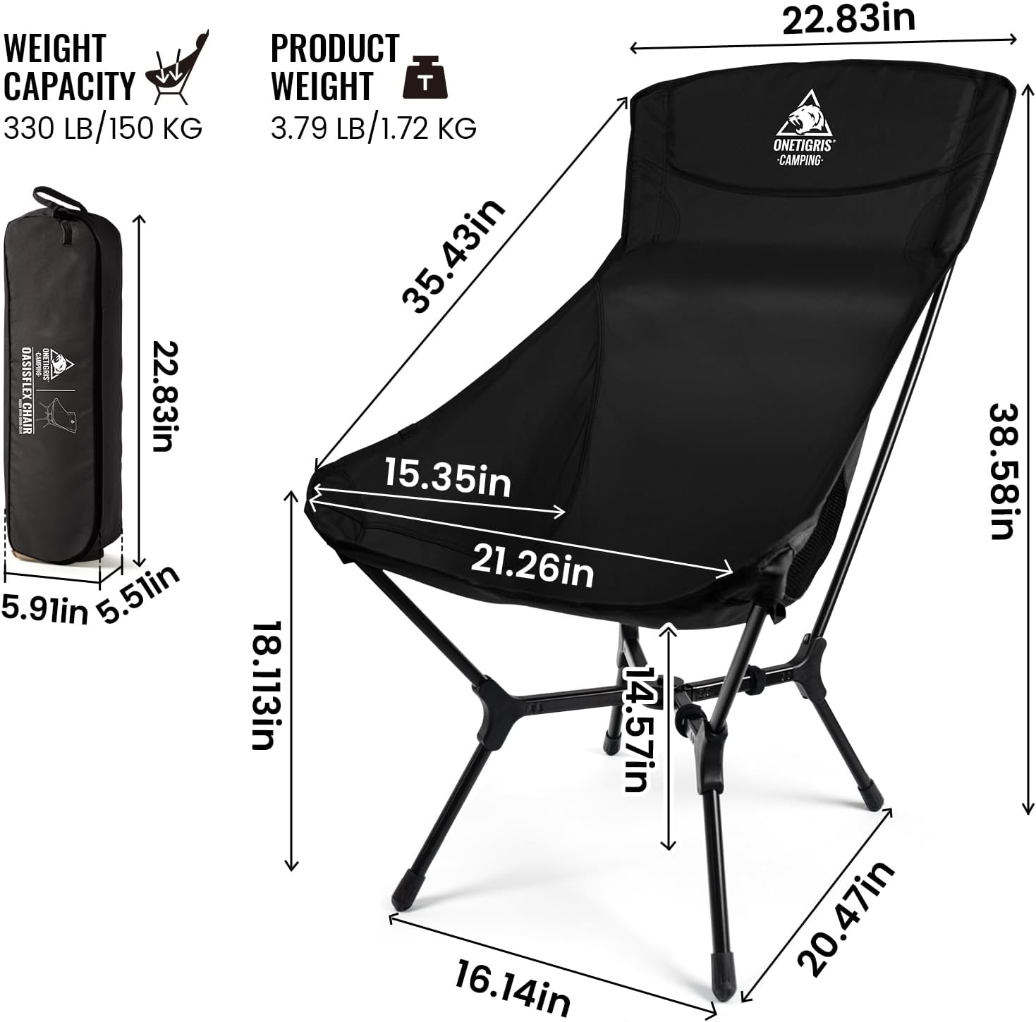 Black High Back Camping Chair Lightweight Folding Seat