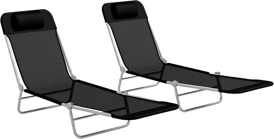 2 Foldable Sun Lounger Chairs Adjustable Recliner Black